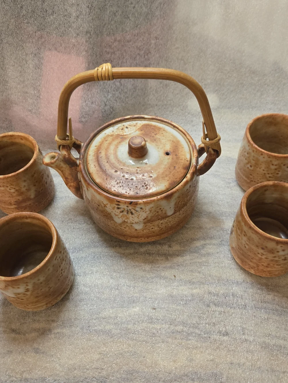 Handmade Ceramic Teapot Set with Bamboo Handle - Speckled Brown & Cream